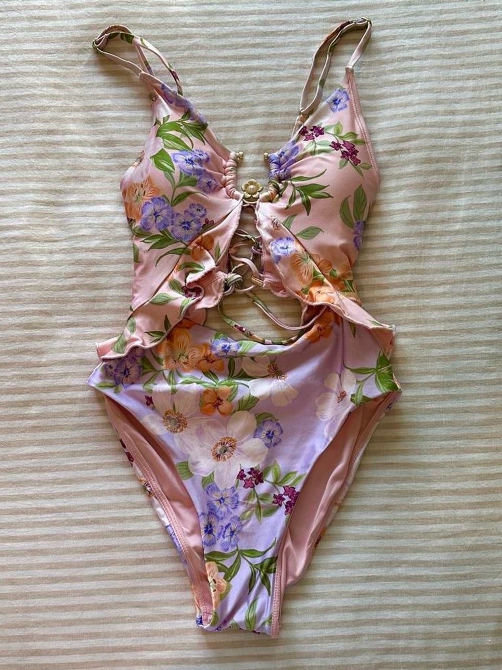 p2f pink floral one piece swimsuit w ruffles, ties, & gold floral hardware / med